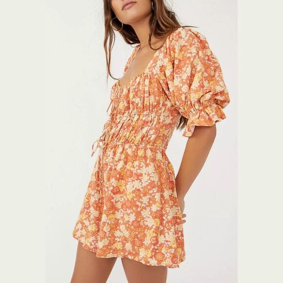 Free People Show Me Love Floral Linen Blend Romper in Orange Combo | Medium - Picture 1 of 9